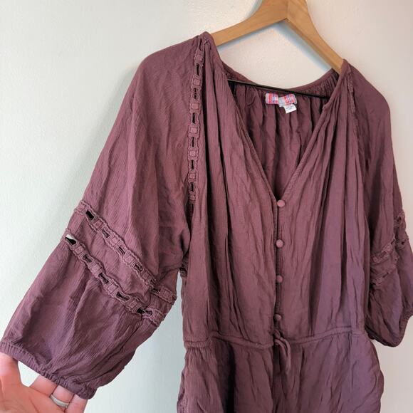 Urban Outfitters Women's 3/4 Sleeve Romper Ruched Side Brown Size Medium - Picture 4 of 8
